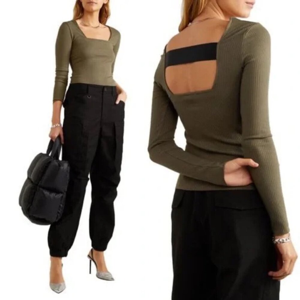 The Range Alloy Cutout Ribbed Stretch-knit Top Military Green Size S
